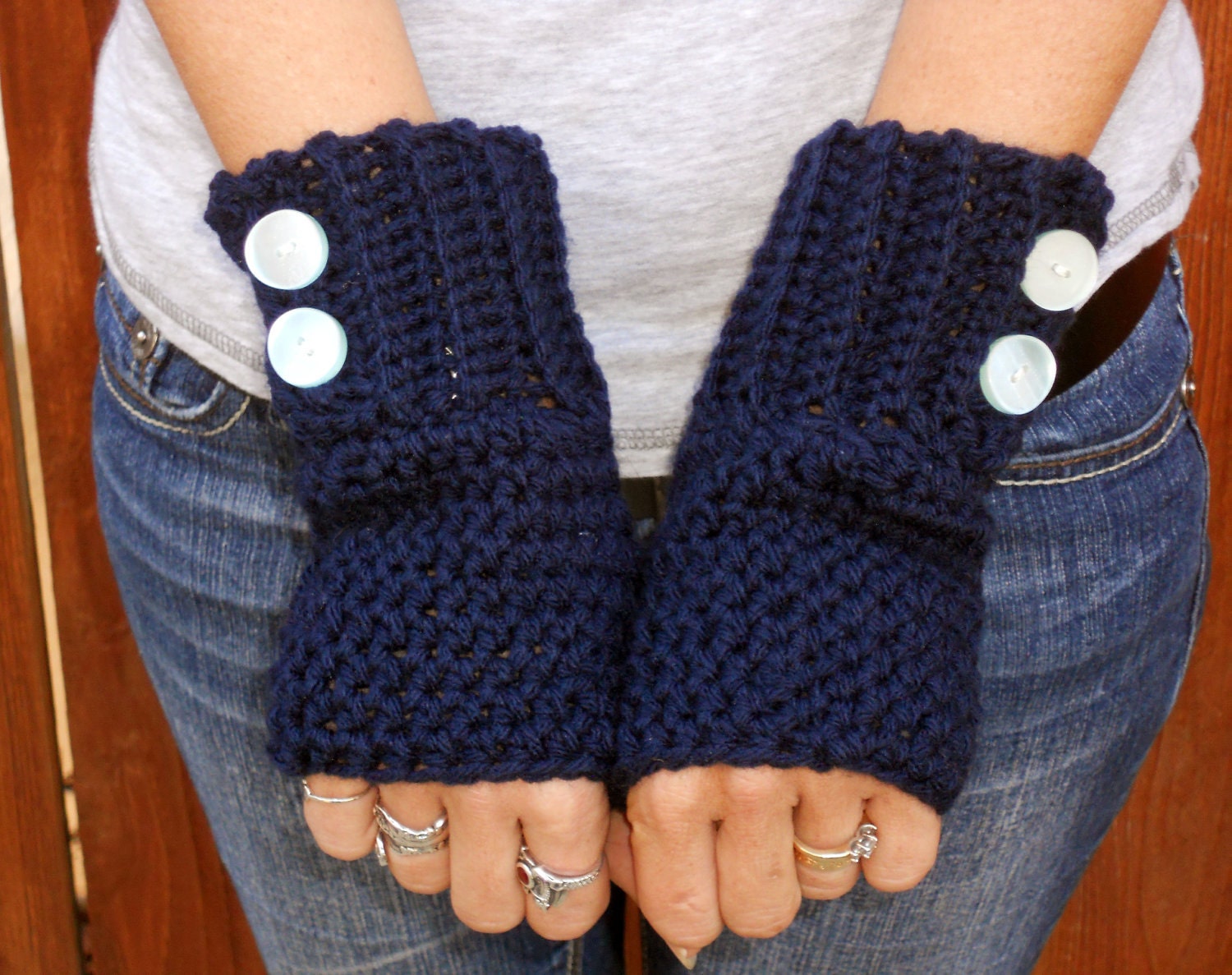 Crochet navy blue button arm warmers wrist warmers Etsy