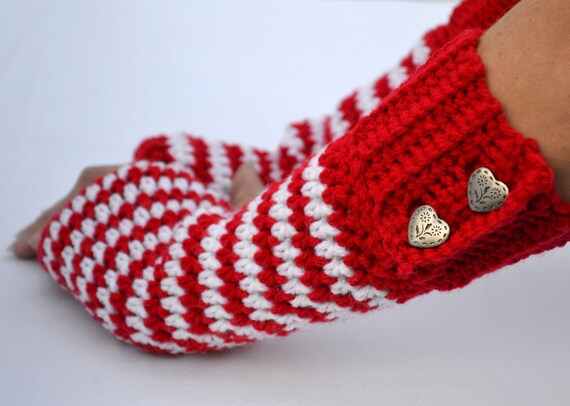 Red Fingerless Gloves Heart Button Arm Warmers Texting Gloves Fingerless Mittens Womens Winter Fashion Gifts Valentines Crochet Gloves