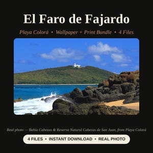Pode incluir: Um pacote digital com o texto El Faro de Fajardo, Playa Colorá, Wallpaper + Print Bundle, 4 Files, Real photo — Bahía Cabezas & Reserva Natural Cabezas de San Juan, from Playa Colorá, 4 FILES, INSTANT DOWNLOAD, REAL PHOTO.