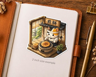 Isometric Senbei Shop Cat Sticker Series 5 - Kawaii Neko Grilling Rice Crackers - Japanese Traditional Snack Vinyl Decal