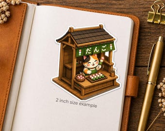 Isometric Dango Shop Cat Sticker Series 5 - Kawaii Neko Selling Sanshoku Dango - Japanese Sweet Treat Vinyl Decal