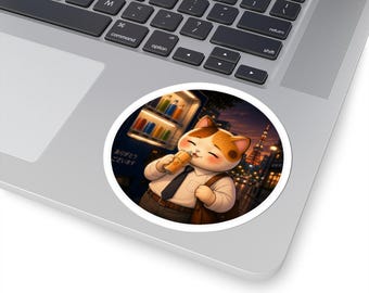 Round Japanese Vending Machine Cat Sticker Series 4 - Kawaii Salaryman Neko Drinking Soda - Tokyo Night City View Vinyl Decal