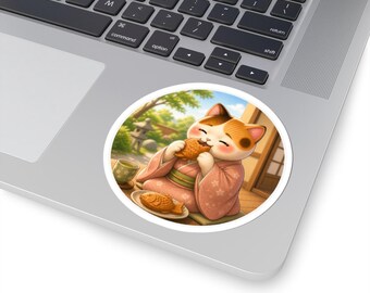 Round Taiyaki Cat Sticker Series 4 - Kawaii Neko Eating Fish-Shaped Cake - Japanese Garden View Vinyl Decal for Laptop Journal
