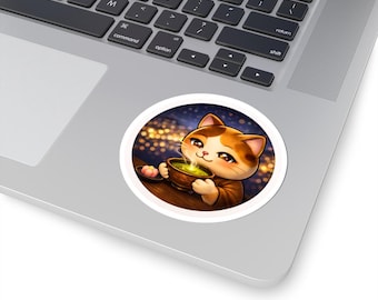 Round Midnight Matcha Cat Sticker Series 4 - Kawaii Neko Drinking Green Tea - Japan Night City View Vinyl Decal for Laptop Journal
