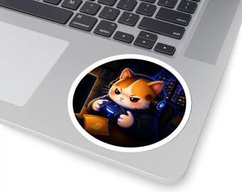 Round Gaming Cat Sticker Series 4 - Kawaii Gamer Neko with Headset - Night City View Vinyl Decal for Laptop Console Journal