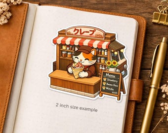 Isometric Crepe Food Truck Cat Sticker Series 3 - Neko Chef Serving Sweet Strawberry Boba - Kawaii Japan City Life Vinyl Decal for Laptop