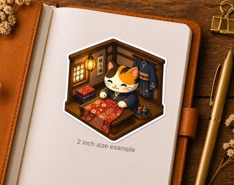 Isometric Kimono Tailor Cat Sticker Series 5 - Kawaii Neko Sewing Traditional Dress - Japanese Artisan Craft Vinyl Decal