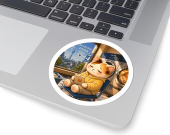 Round Coin Laundry Cat Sticker Series 4 - Kawaii Neko Reading in Sunbeams - Japan Tokyo City View Vinyl Decal for Laptop Journal