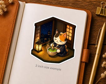 Isometric Tea Ceremony Cat Sticker Series 5 - Kawaii Neko Makeup Matcha - Japanese Zen Night Ritual Vinyl Decal