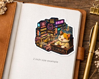 Isometric Tokyo Neon City Cat Sticker Series 3 Finale - Neko Watching Night View with Tokyo Tower - Kawaii Japan Vinyl Decal Laptop