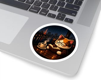 Round Rainy Night Reading Cat Sticker Series 4 - Kawaii Neko Drinking Coffee with Book - Japan City Moon View Vinyl Decal for Laptop