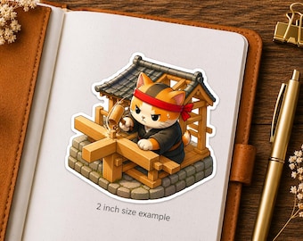 Isometric Carpenter Cat Sticker Series 5 - Kawaii Neko Artisan Building Traditional House - Japanese Craftsmanship Vinyl Decal