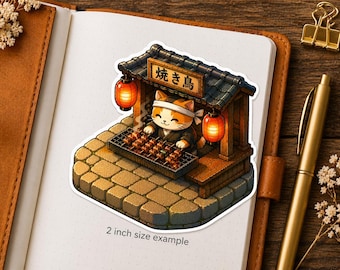 Isometric Yakitori Stall Cat Sticker Series 5 - Kawaii Neko Grilling Japanese Chicken Skewers - Night Food Stand Vinyl Decal