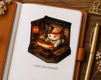 Isometric Swordsmith Cat Sticker Series 5 - Kawaii Neko Forging Samurai Katana - Japanese Blacksmith Craft Vinyl Decal