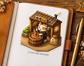Isometric Miso Factory Cat Sticker Series 5 - Kawaii Neko Crafting Traditional Soy Paste - Japanese Artisan Vinyl Decal Laptop