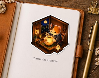 Isometric Lantern Maker Cat Sticker Series 5 - Kawaii Neko Painting Traditional Chochin - Japanese Artisan Vinyl Decal