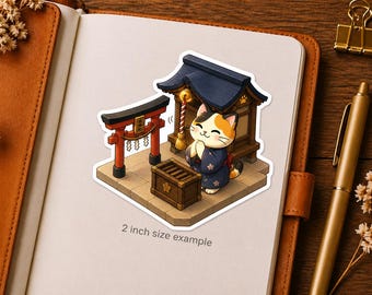 Isometric Shinto Shrine Cat Sticker Series 5 - Kawaii Neko Praying at Jinja - Japanese Culture & Tradition Vinyl Decal