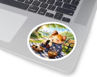 Round Sunny Picnic Cat Sticker Series 4 Finale - Kawaii Neko Eating Onigiri Miso Soup - Japan Tokyo Park View Vinyl Decal Laptop Journal