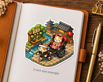 Isometric Rickshaw Cat Sticker Series 5 - Kawaii Neko Pulling Traditional Carriage - Japanese Sightseeing Vinyl Decal