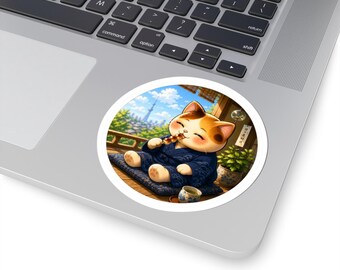 Round Sunny Day Dango Cat Sticker Series 4 - Kawaii Neko Eating Mochi on Veranda - Japan Tokyo Sky Tree View Vinyl Decal for Laptop