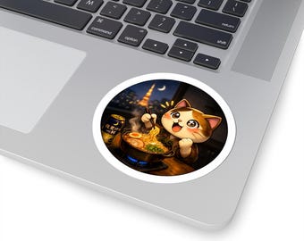 Round Midnight Ramen Cat Sticker Series 4 - Kawaii Neko Eating Japanese Noodles - Night City View Vinyl Decal for Laptop Journal