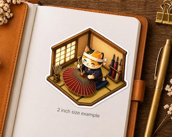 Isometric Wagasa Maker Cat Sticker Series 5 - Kawaii Neko Crafting Traditional Umbrella - Japanese Artisan Vinyl Decal