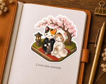 Isometric Japanese Wedding Cat Sticker Series 5 - Kawaii Neko Couple in Kimono & Shiromuku - Traditional Marriage Vinyl Decal