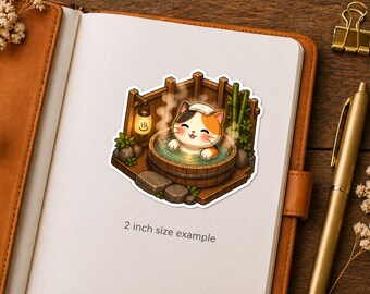 Isometric Open-Air Onsen Cat Sticker Series 5 - Kawaii Neko Relaxing in Japanese Hot Spring - Traditional Bathing Vinyl Decal