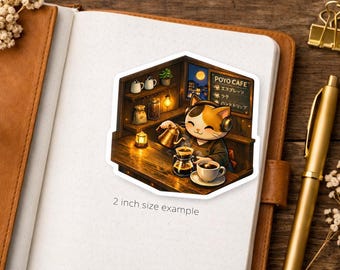 Isometric Midnight Coffee Cat Sticker Series 3 - Neko Barista Brewing Hand Drip - Kawaii City Cafe Vinyl Decal for Laptop Journal