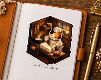 Isometric Tofu Shop Cat Sticker Series 5 - Kawaii Neko Cutting Fresh Tofu - Japanese Artisan Food Vinyl Decal
