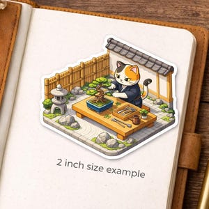Isometric Bonsai Cat Sticker Series 2 - Calico Master Pruning Tree - Kawaii Japanese Zen Garden Vinyl Decal for Laptop Journal Gift Art