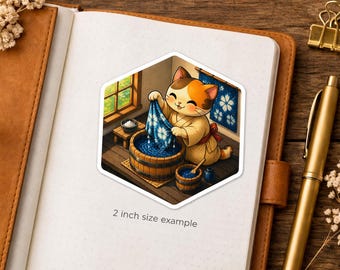 Hexagon Indigo Dyeing Cat Sticker Series 5 - Kawaii Neko Artisan Crafting Aizome Fabric - Traditional Japan Vinyl Decal for Laptop