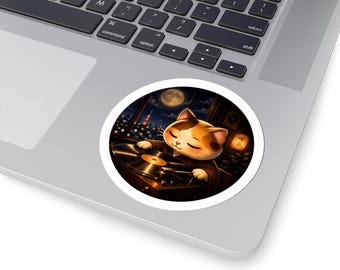 Round Midnight Vinyl Record Cat Sticker Series 4 - Kawaii Neko Listening to Music - Night City Moon View Vinyl Decal Laptop Journal