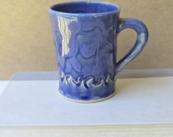 Studio Pottery Coffee Mug, Blue Purple Drip Glaze Ceramic Cup, Handmade Artisan Tea Mug, Embossed Wave Ocean Design, Signed Artist Pottery