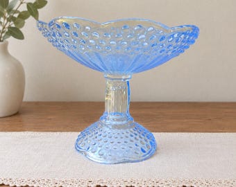 Blue Opalescent Hobnail Compote Dish | Scalloped Ruffled Rim Art Glass