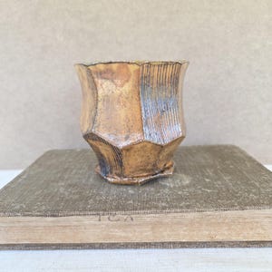 Puede incluir: Una taza de cerámica hecha a mano con un diseño geométrico único. La taza presenta una paleta de colores cálidos y terrosos con tonos marrones y beige. Las líneas verticales y las superficies facetadas crean interés visual. La taza está sobre un libro antiguo.