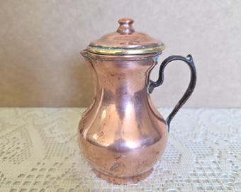 Antique Copper Lidded Creamer Pitcher Brass Collar Iron Handle 4.5 Inch Farmhouse Decor