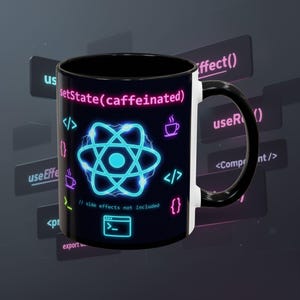 May include: Black coffee mug with a white panel and black handle. The mug features a neon blue atom design with the text "setState(caffeinated)" and coding symbols. The phrase "// side effects not included" is also present.