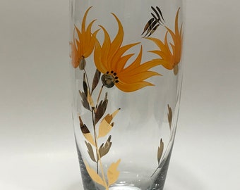 Vintage glass vase with hand painted orange flowers