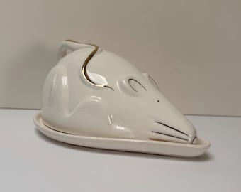 Vintage covered ceramic mouse cheese dish