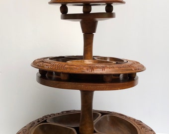 Vintage Tiki Monkey Pod Lazy Susan: Hand Carved 3-Tier Server