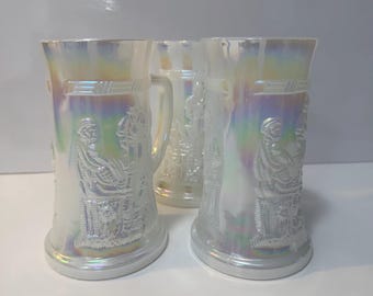 Vintage Federal Iridescent Milk Glass Steins: Embossed Tavern Scene, Set of 3