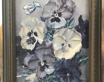 Vintage 3D Floral paper art/Purple Pansies/shadow box
