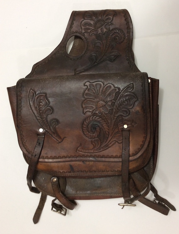 Vintage brown leather hand tooled saddle bags