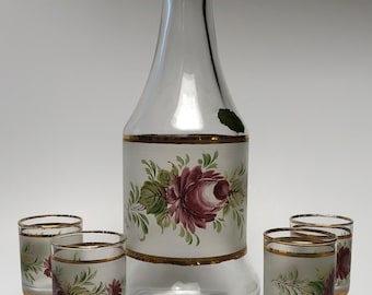 Vintage hand painted floral decanter with glasses