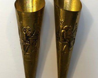 Vintage brass cone shaped fireplace accessory/match holder/vase