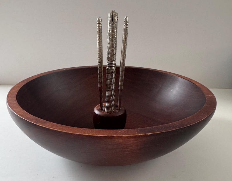 Dark wood nut bowl with nut cracker and picks,Baribocraft Canada