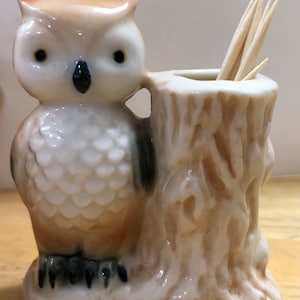 Vintage ceramic owl and tree stump toothpick holder