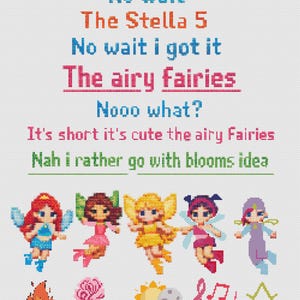 Op de afbeelding: Kruissteekontwerp met tekst en cartoonfeeën. Zinnen als "The super 5" en "The airy fairies" zijn zichtbaar. Vijf feeën met verschillende vleugel- en outfitkleuren worden afgebeeld.