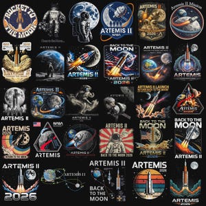May include: A collection of colorful Artemis II mission patches and designs, featuring rockets, astronauts, planets, and the moon. The patches include text such as "Rocket to the Moon," "Back to the Moon," and "Artemis II 2026."